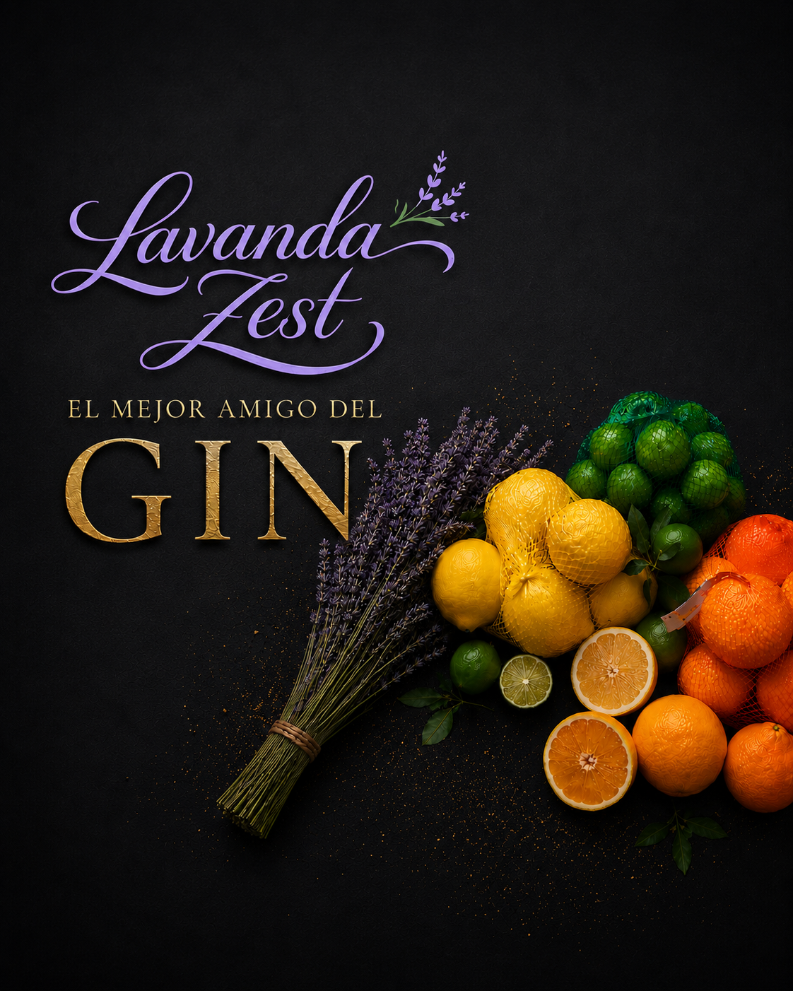 Lavanda Zest con lavanda y cítricos sobre fondo negro